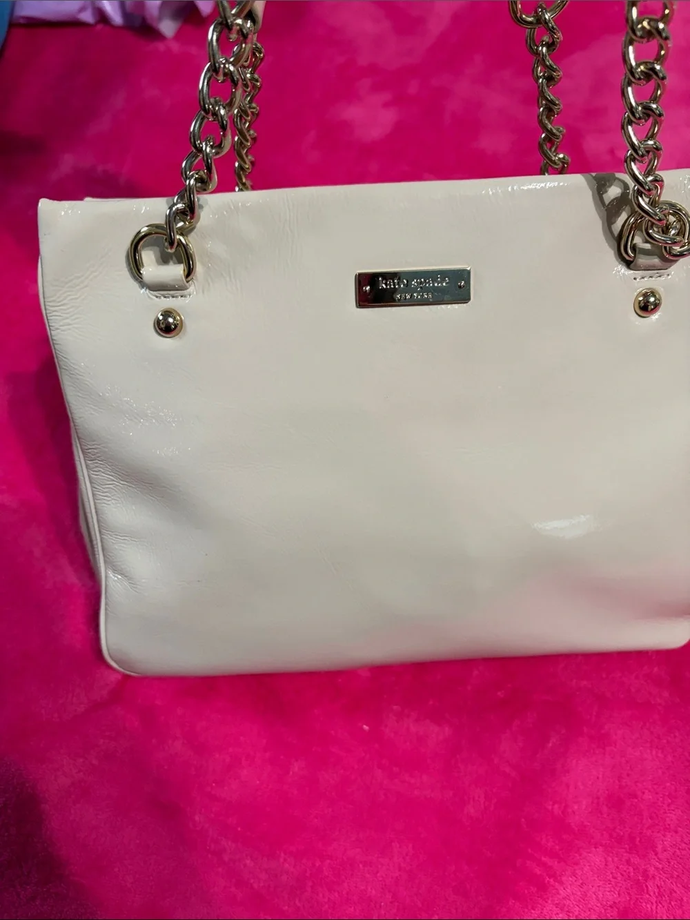 Patent Cream Shoulder Bag with Chain-Trim Straps